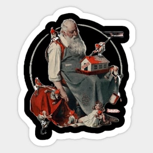 Santa's Workshop with Elves Classic Santa Vintage Retro Christmas Sticker